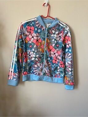 Adidas Girls XL 16 Floral Track Jacket Full Zip Multicolor Retro Print